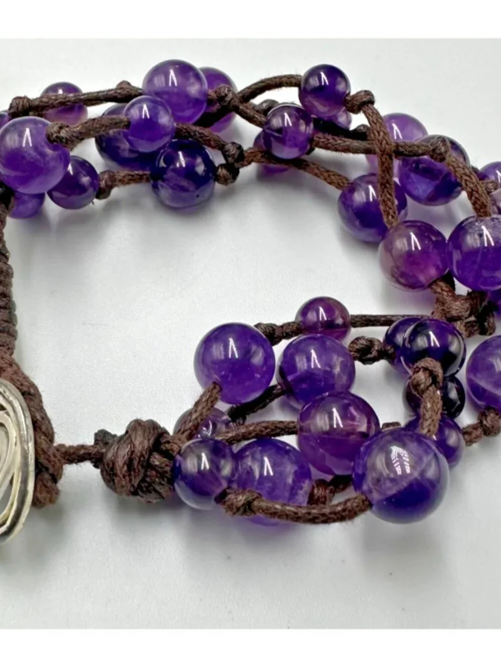 Amethyst Beaded Bracelet Sterling Silver Heart Clasp Brown Cord Bohemian 6